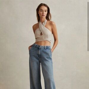 Reiss Neutral Abigail Linen Halter Neck Cropped Top